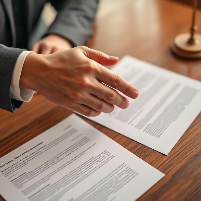 Aperto de mãos sobre documentos em uma mesa de escritório