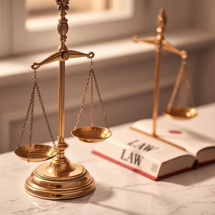 Balança da justiça em dourado sobre bancada clara